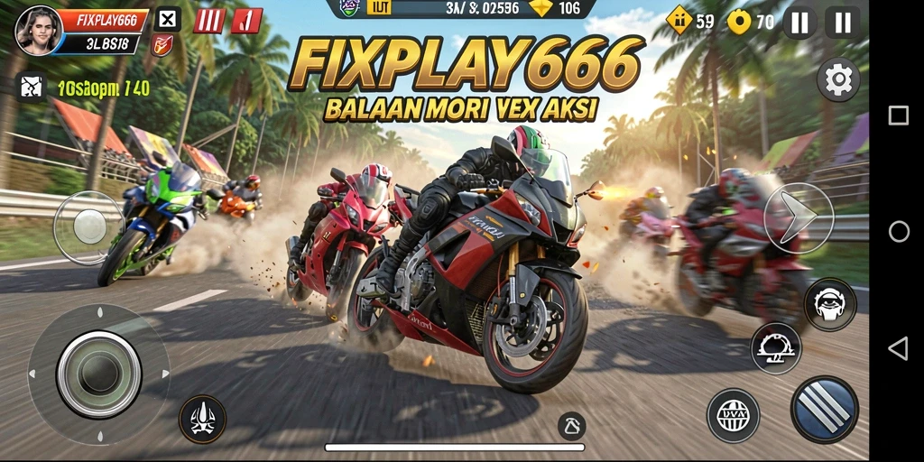 Screenshot FIXPLAY666 menunjukkan aksi balapan motor yang mendebarkan.