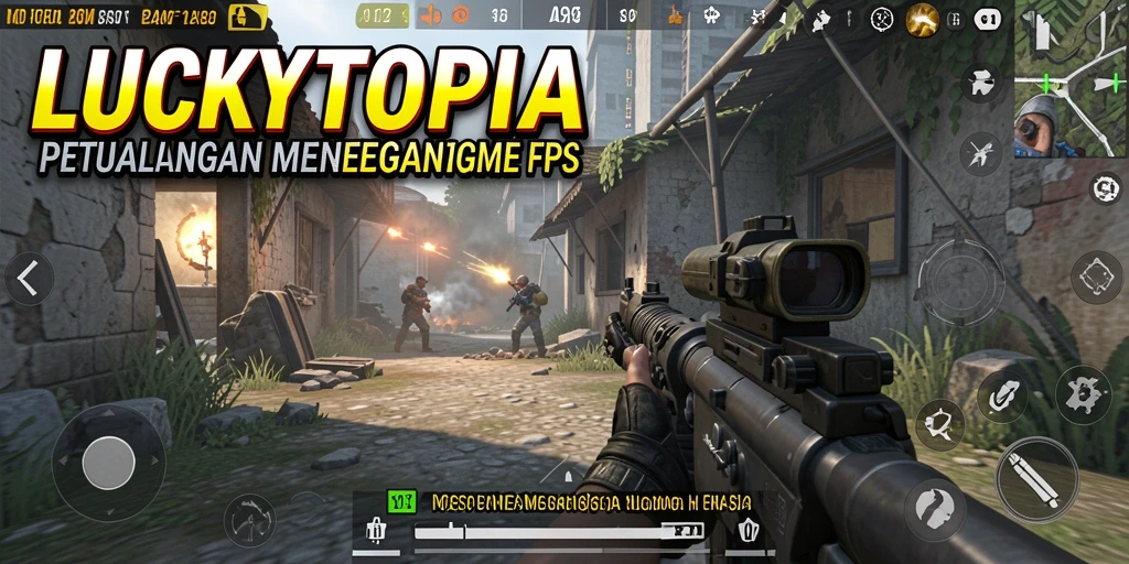 Screenshot gameplay LUCKYTOPIA dengan aksi tembak-menembak yang intens.