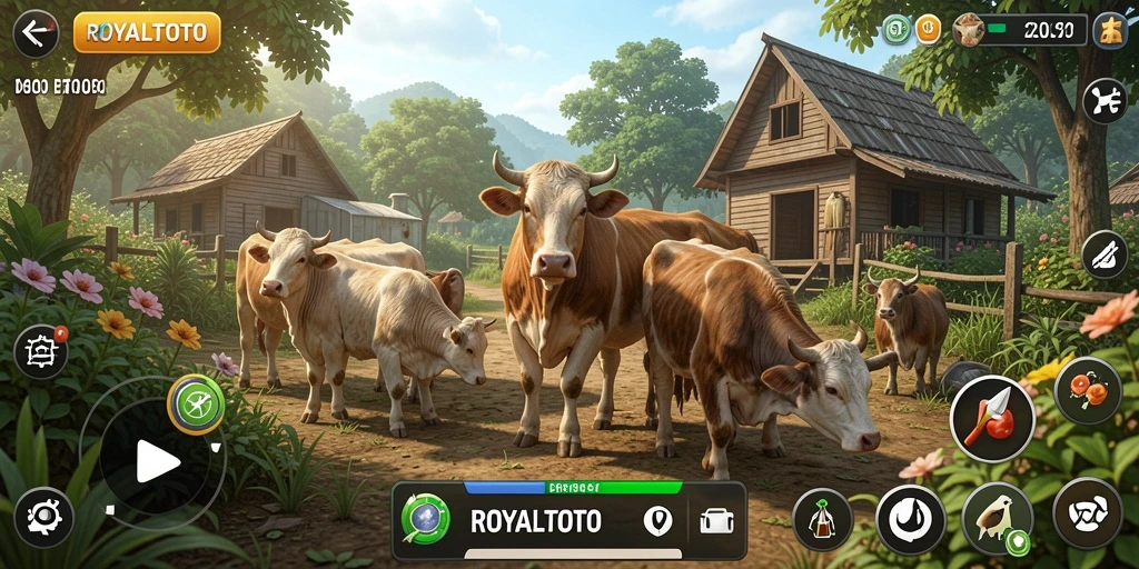 Screenshot gameplay ROYALTOTO dengan peternakan yang rimbun dan tanaman subur.